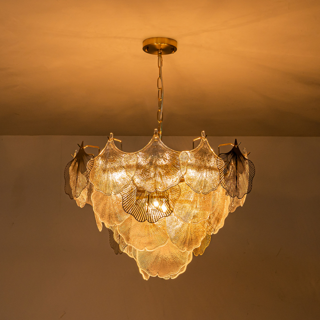 8-Light Designer Glam Modern Ginkgo Leaf Entry Chandelier Glass Shell Pendant for Living Room/ Dining Room/ Kitchen