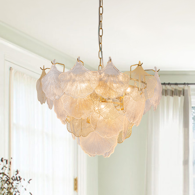 8-Light Designer Glam Modern Ginkgo Leaf Entry Chandelier Glass Shell Pendant for Living Room/ Dining Room/ Kitchen