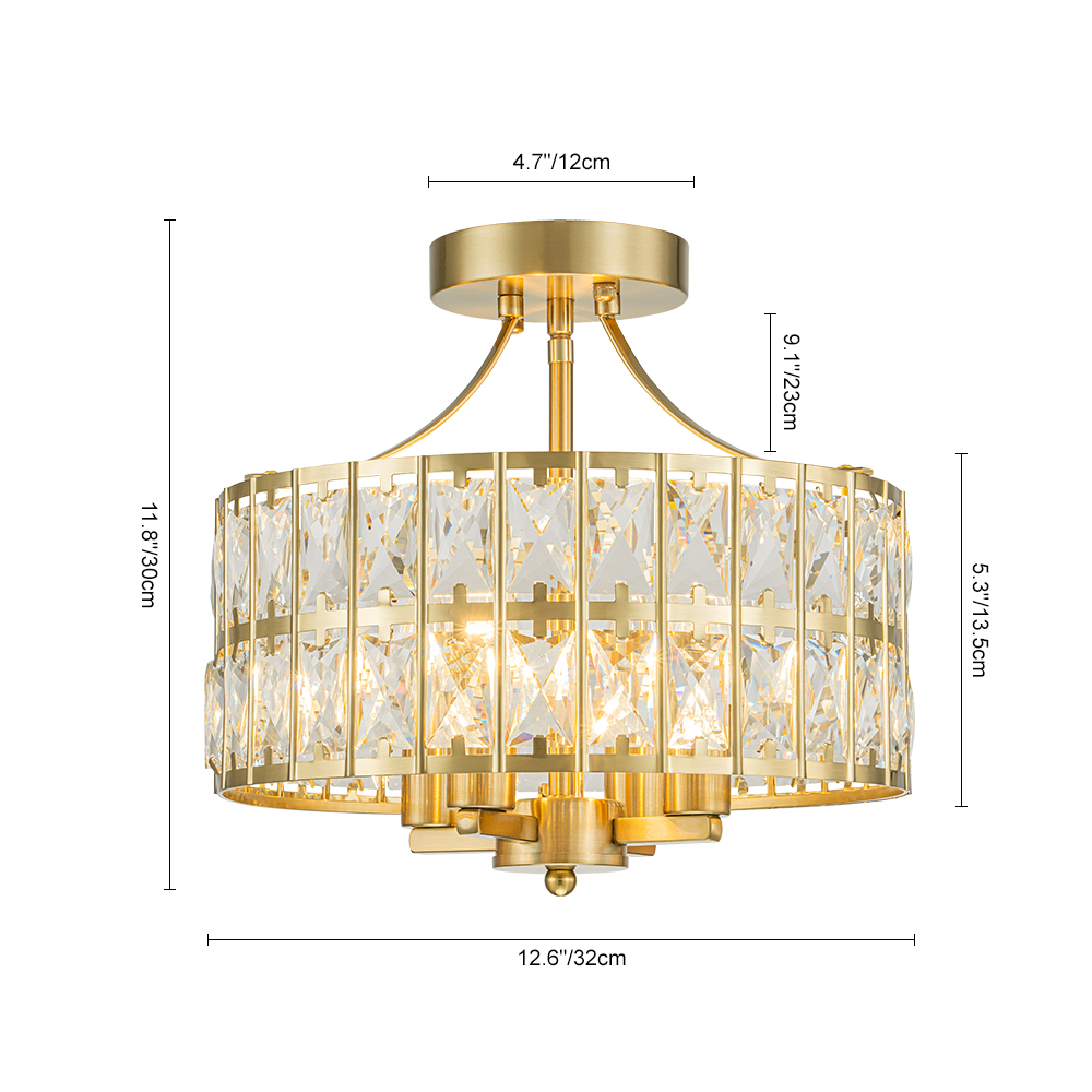 Modern Round Semi Flush Mount Drum Ceiling Light with Clear Crystal Glass for Hallway Entryway Kitchen Bedroom Living Room