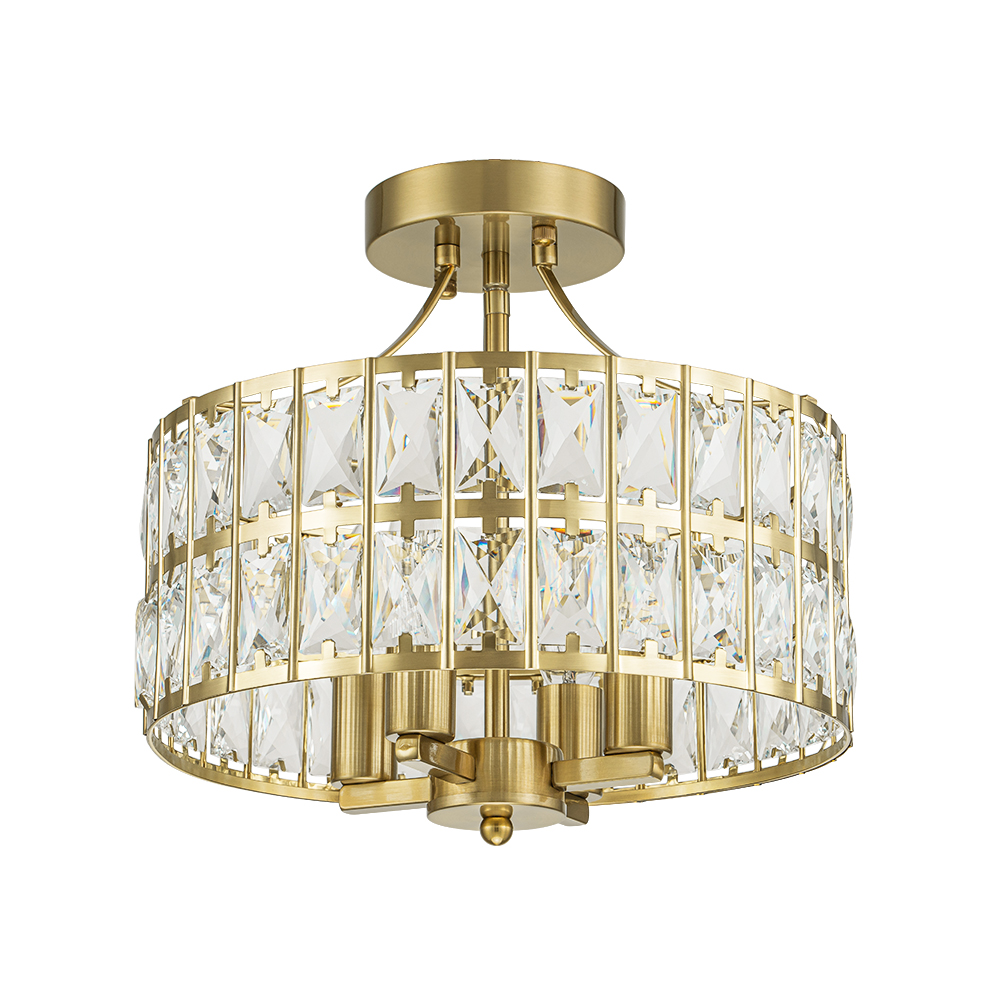 Modern Round Semi Flush Mount Drum Ceiling Light with Clear Crystal Glass for Hallway Entryway Kitchen Bedroom Living Room