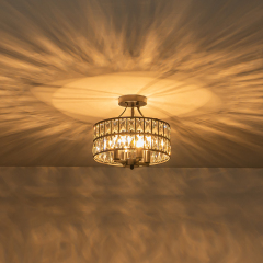 Modern Round Semi Flush Mount Drum Ceiling Light with Clear Crystal Glass for Hallway Entryway Kitchen Bedroom Living Room