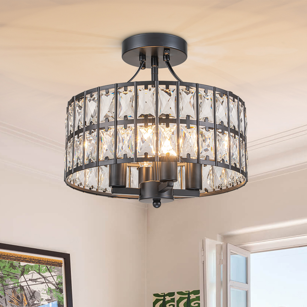 Modern Round Semi Flush Mount Drum Ceiling Light with Clear Crystal Glass for Hallway Entryway Kitchen Bedroom Living Room