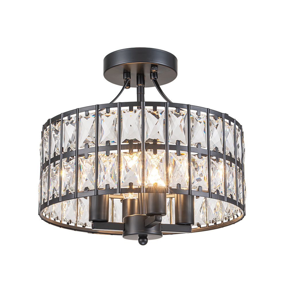 Modern Round Semi Flush Mount Drum Ceiling Light with Clear Crystal Glass for Hallway Entryway Kitchen Bedroom Living Room