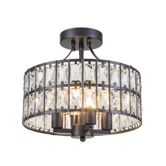Modern Round Semi Flush Mount Drum Ceiling Light with Clear Crystal Glass for Hallway Entryway Kitchen Bedroom Living Room