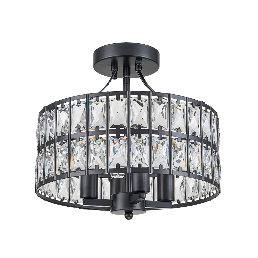 Modern Round Semi Flush Mount Drum Ceiling Light with Clear Crystal Glass for Hallway Entryway Kitchen Bedroom Living Room