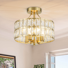 Modern Round Semi Flush Mount Drum Ceiling Light with Clear Crystal Glass for Hallway Entryway Kitchen Bedroom Living Room