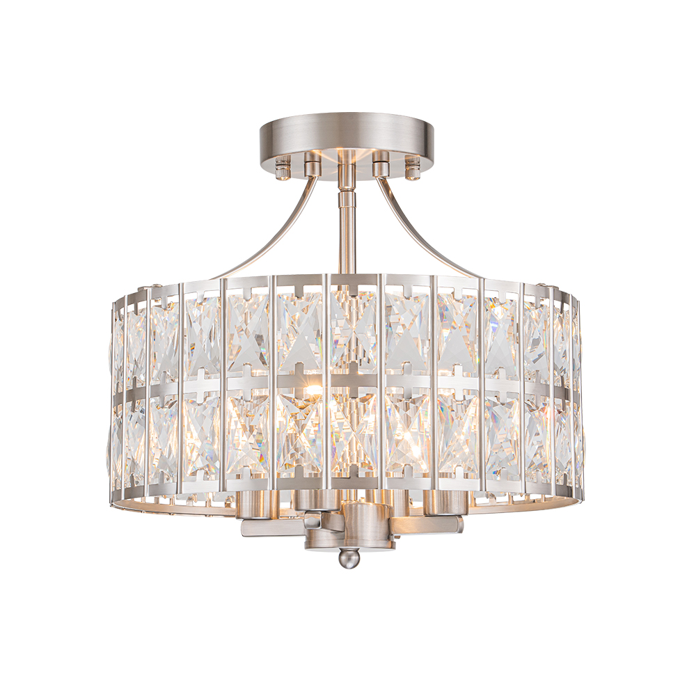 Modern Round Semi Flush Mount Drum Ceiling Light with Clear Crystal Glass for Hallway Entryway Kitchen Bedroom Living Room