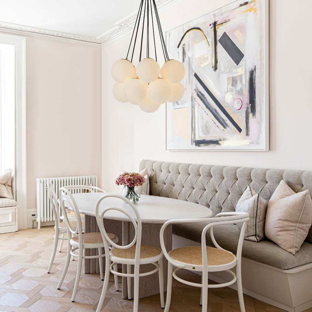 13-Light Modern Mid-Century Brass Cluster Cloud Style Opal Glass Chandelier Light for Dining Room/ Living Room/ Kid's Bedroom