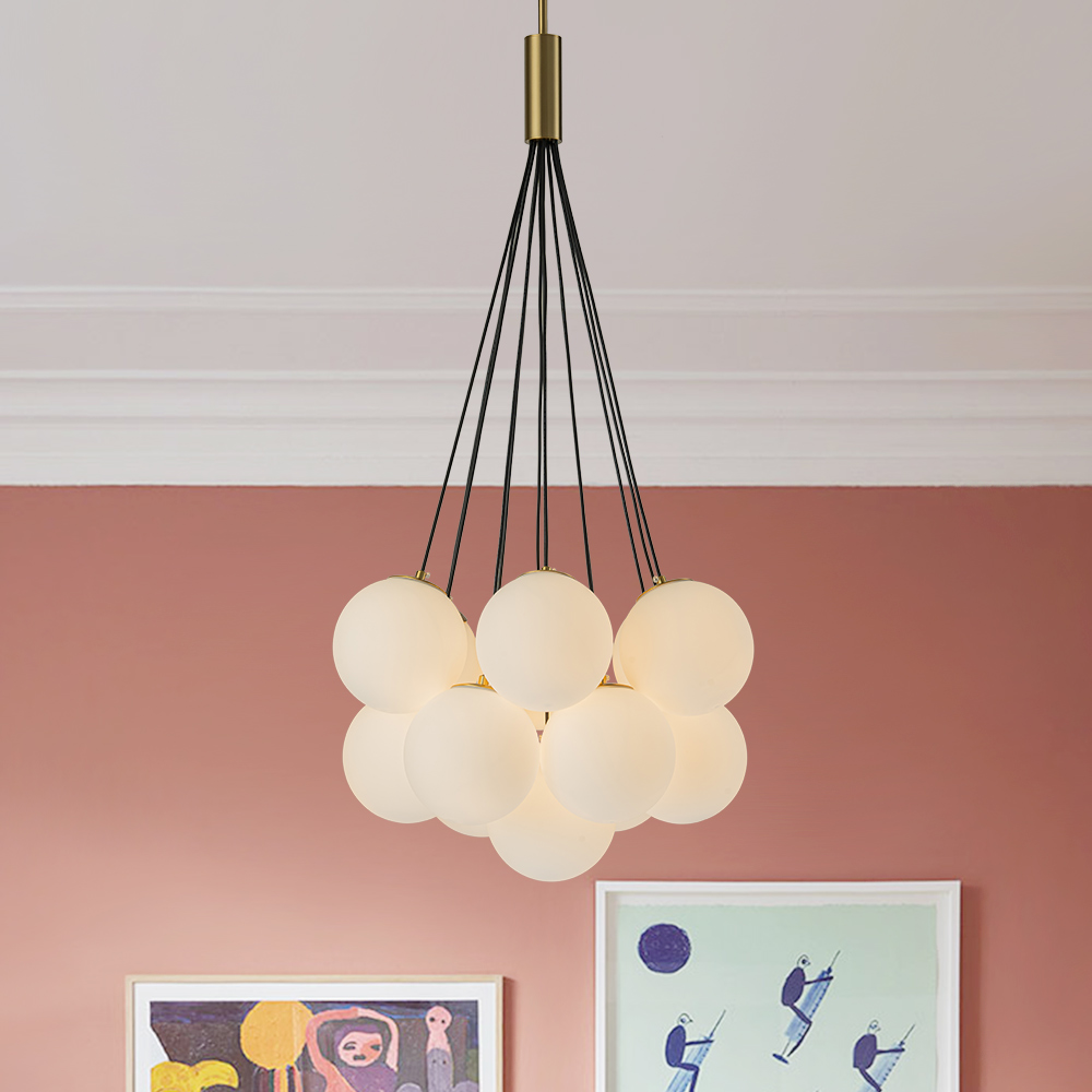 13-Light Modern Mid-Century Brass Cluster Cloud Style Opal Glass Chandelier Light for Dining Room/ Living Room/ Kid's Bedroom