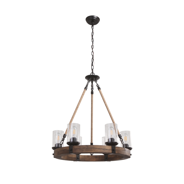 Modern Farmhouse 6-Light Wooden Wagon Wheel Chandelier for Kitchen Island/ Living Room/ Entryway/ Foyer