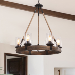 Modern Farmhouse 6-Light Wooden Wagon Wheel Chandelier for Kitchen Island/ Living Room/ Entryway/ Foyer