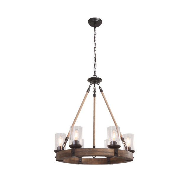 Modern Farmhouse 6-Light Wooden Wagon Wheel Chandelier for Kitchen Island/ Living Room/ Entryway/ Foyer