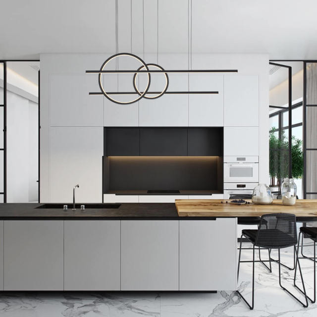 Modern Two Ring Black Linear LED Chandelier in 3000K Warm White for Bedroom Living Room Dining Room