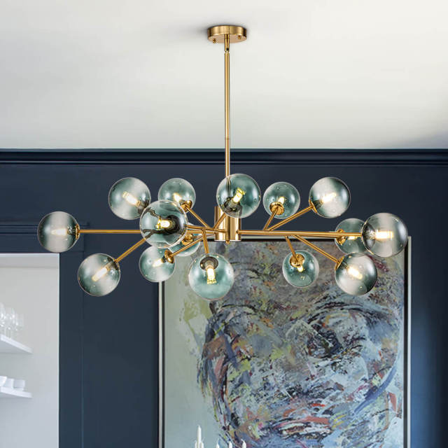 15-Light Glam Modern Mid-century Branching Sputnik Blue Glass Globes Chandelier for Living Room/ Dining Room/ Bedroom