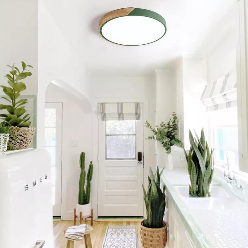 Dimmable with Remote Control Modern Minimalist LED Round Shaped Wood & Metal & Acrylic Flush Mount Ceiling Light