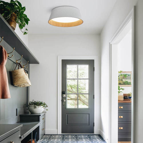 Modern Fluted Ribbed Round LED Flush Mount Ceiling Light in Wood Grain Finish For Hallway Home Office Living Room