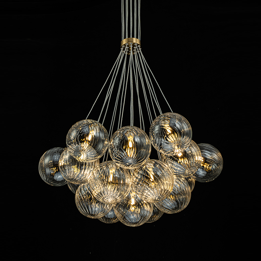 Modern Mid-Century Brass Cluster Ribbed Glass Globe Chandelier Light for Dining Room/ Living Room/ Bedroom