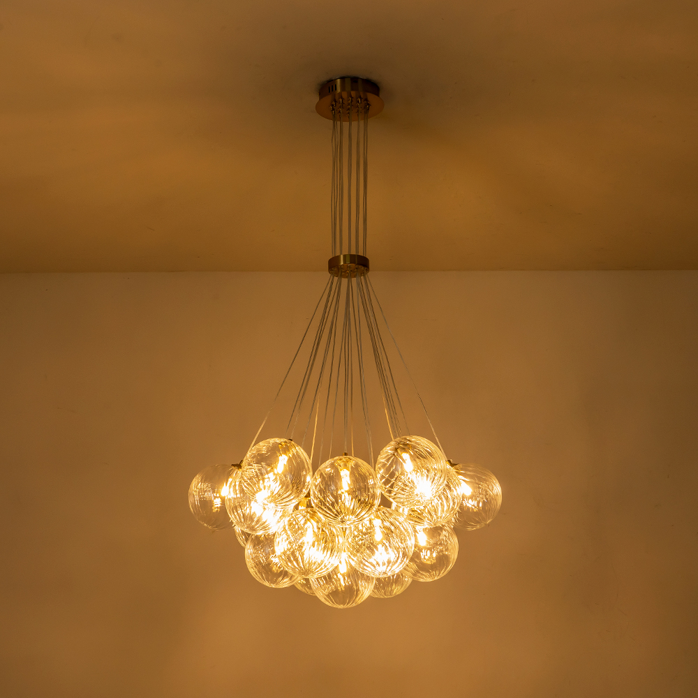 Modern Mid-Century Brass Cluster Ribbed Glass Globe Chandelier Light for Dining Room/ Living Room/ Bedroom