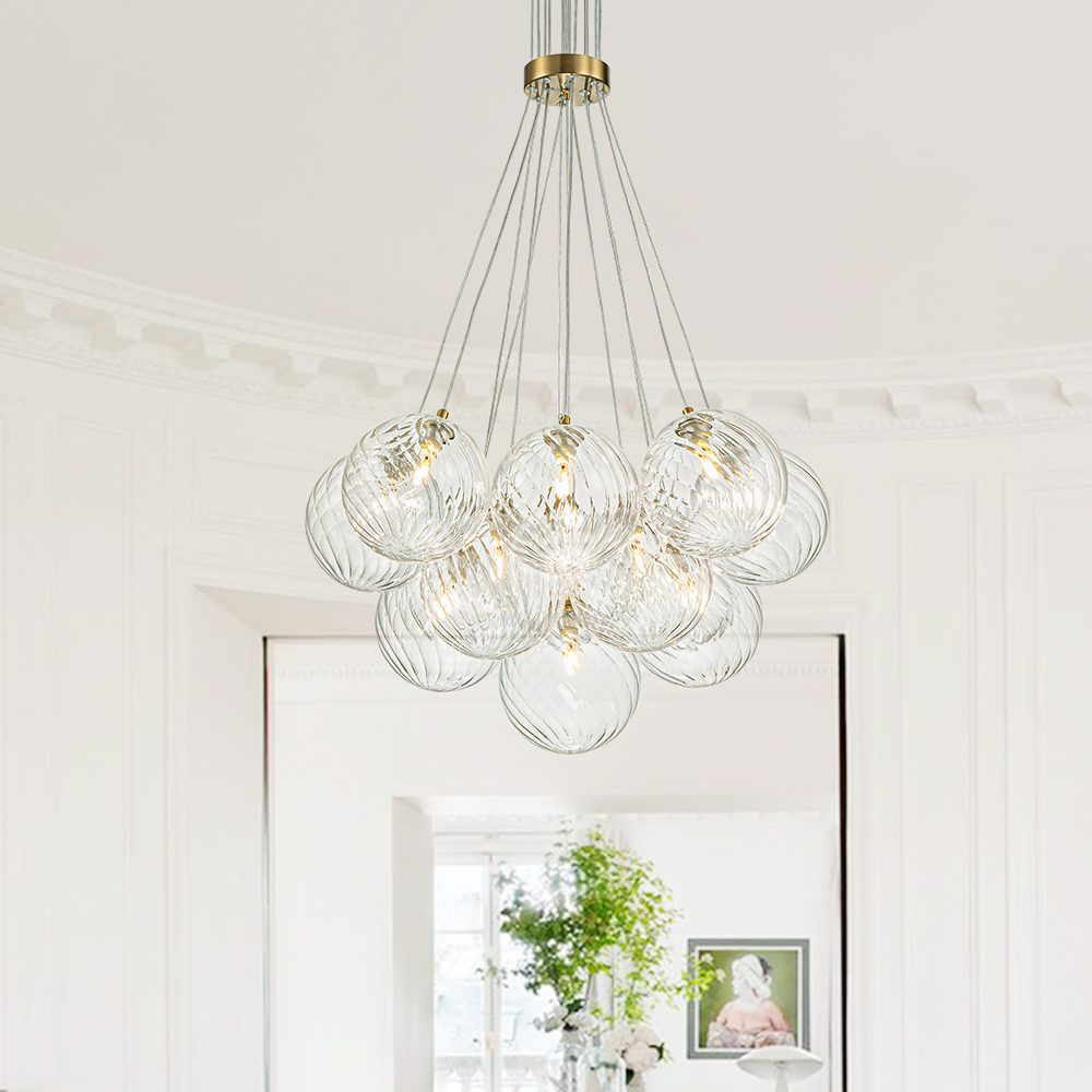 Modern Mid-Century Brass Cluster Ribbed Glass Globe Chandelier Light for Dining Room/ Living Room/ Bedroom