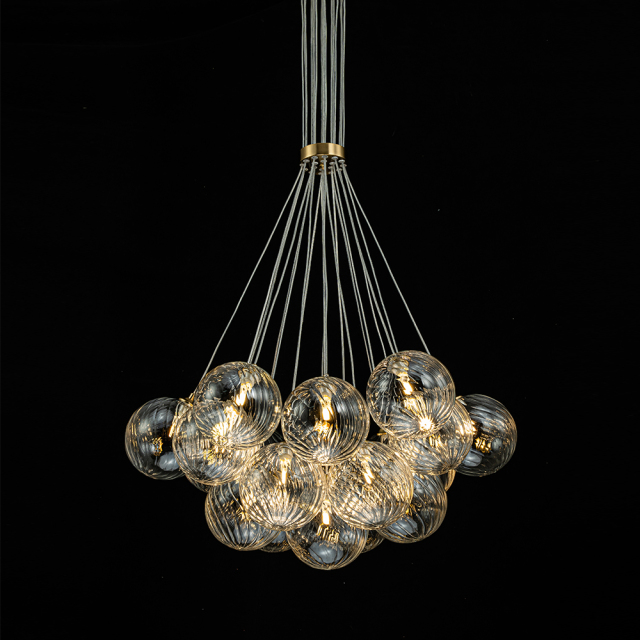 Modern Mid-Century Brass Cluster Ribbed Glass Globe Chandelier Light for Dining Room/ Living Room/ Bedroom
