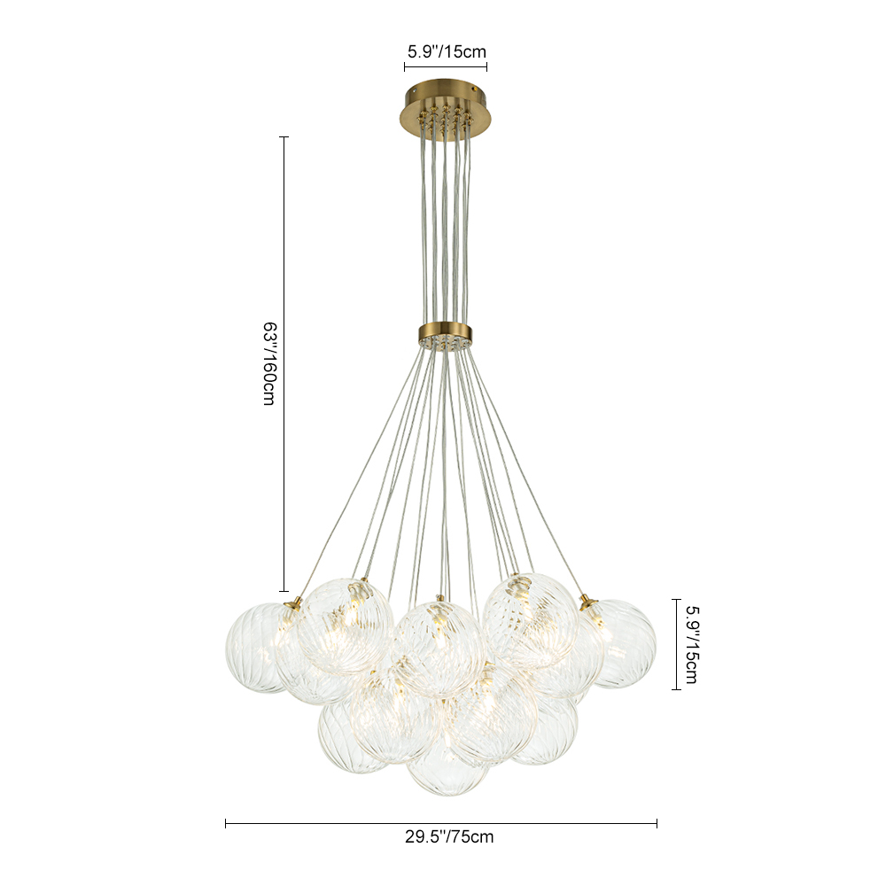 Modern Mid-Century Brass Cluster Ribbed Glass Globe Chandelier Light for Dining Room/ Living Room/ Bedroom