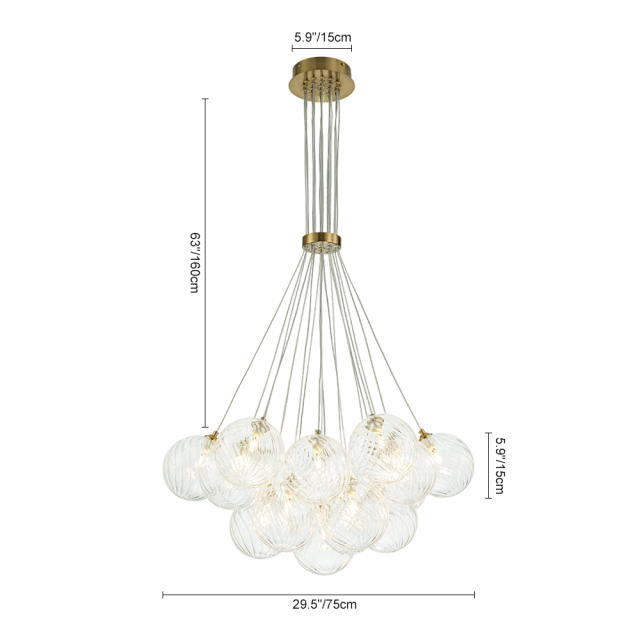 Modern Mid-Century Brass Cluster Ribbed Glass Globe Chandelier Light for Dining Room/ Living Room/ Bedroom