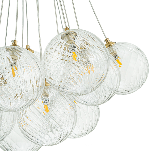 Modern Mid-Century Brass Cluster Ribbed Glass Globe Chandelier Light for Dining Room/ Living Room/ Bedroom