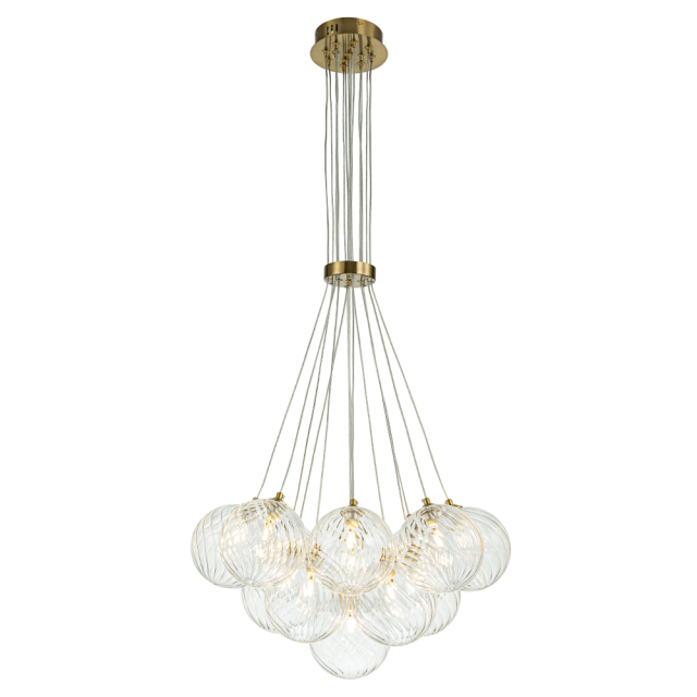 Modern Mid-Century Brass Cluster Ribbed Glass Globe Chandelier Light for Dining Room/ Living Room/ Bedroom