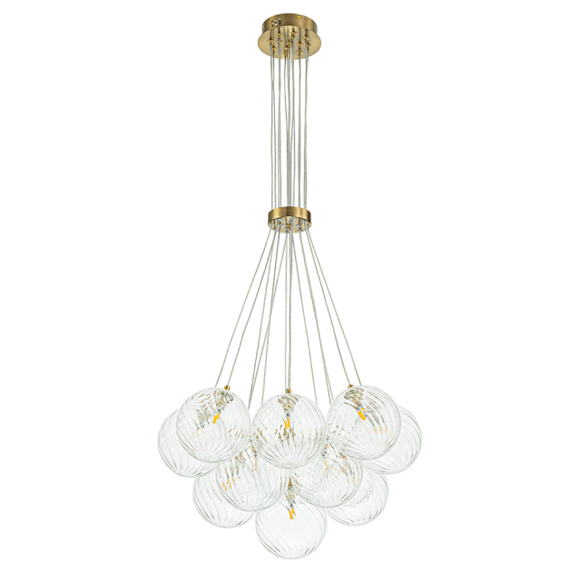 Modern Mid-Century Brass Cluster Ribbed Glass Globe Chandelier Light for Dining Room/ Living Room/ Bedroom