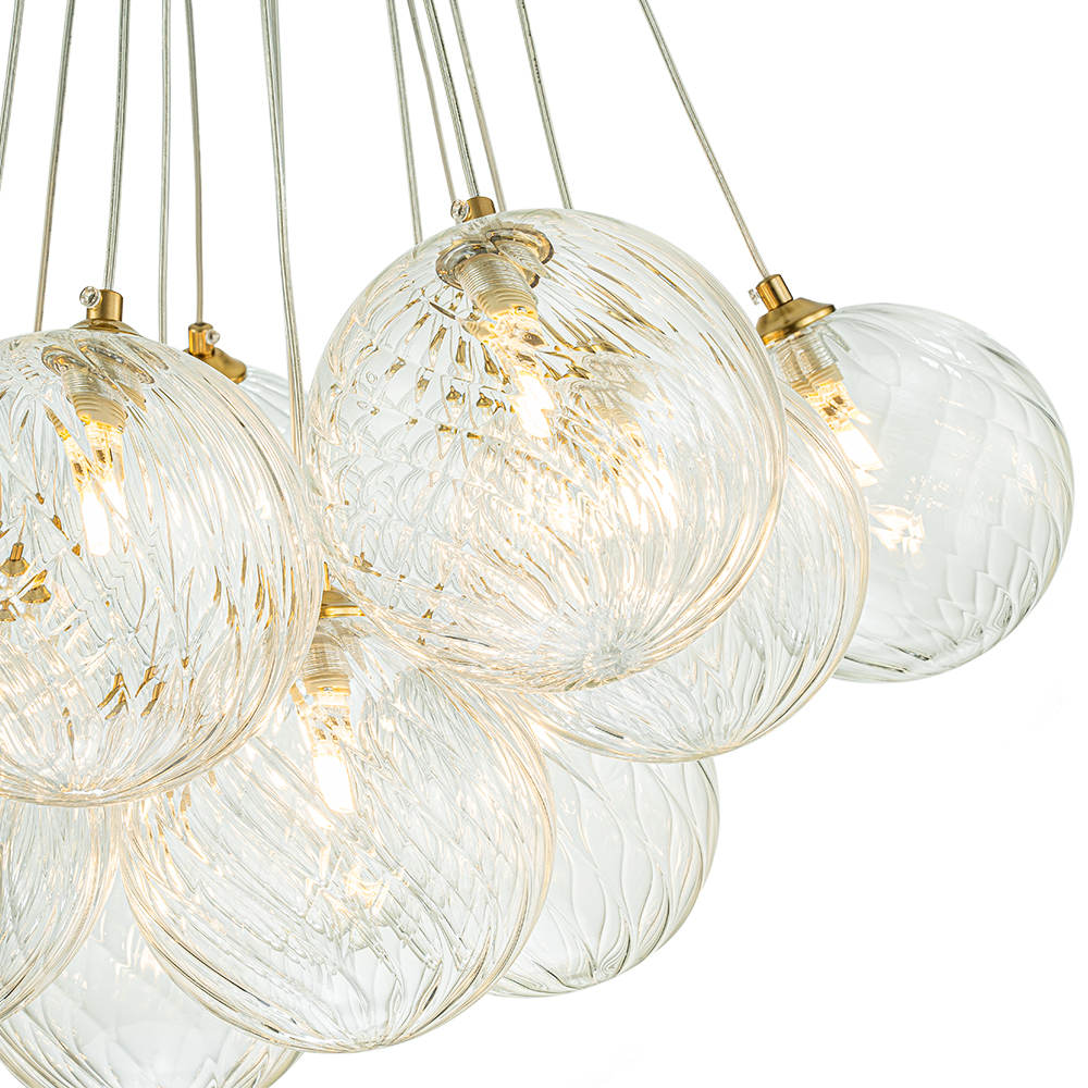 Modern Mid-Century Brass Cluster Ribbed Glass Globe Chandelier Light for Dining Room/ Living Room/ Bedroom