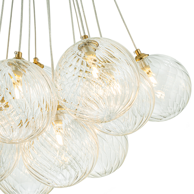 Modern Mid-Century Brass Cluster Ribbed Glass Globe Chandelier Light for Dining Room/ Living Room/ Bedroom