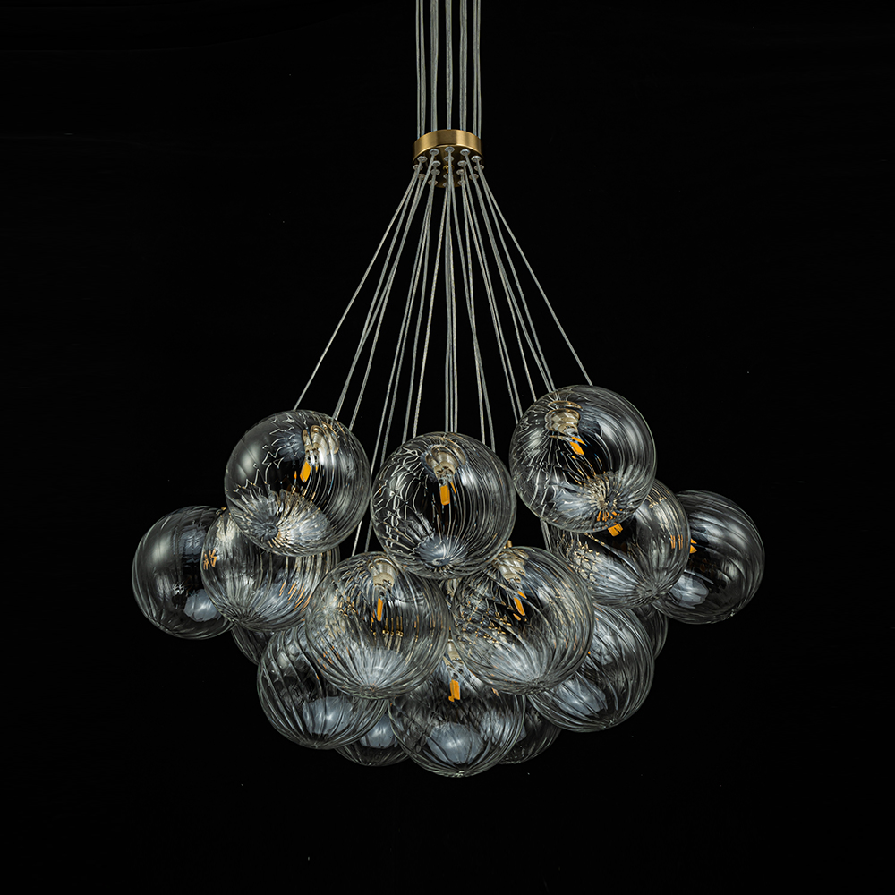 Modern Mid-Century Brass Cluster Ribbed Glass Globe Chandelier Light for Dining Room/ Living Room/ Bedroom