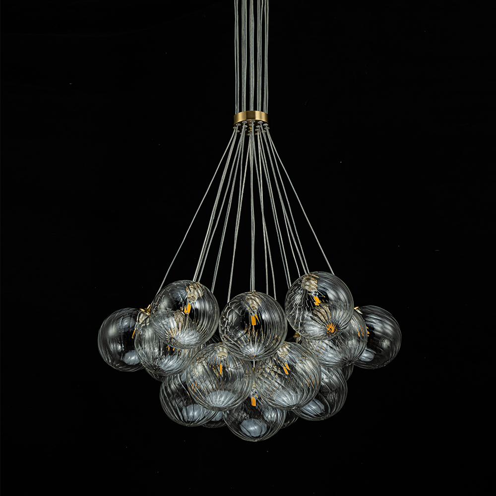 Modern Mid-Century Brass Cluster Ribbed Glass Globe Chandelier Light for Dining Room/ Living Room/ Bedroom