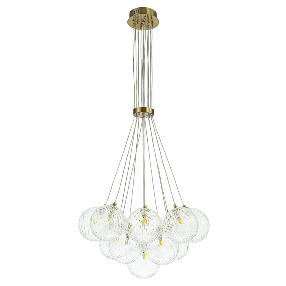 Modern Mid-Century Brass Cluster Ribbed Glass Globe Chandelier Light for Dining Room/ Living Room/ Bedroom
