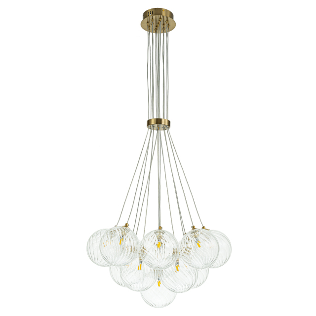 Modern Mid-Century Brass Cluster Ribbed Glass Globe Chandelier Light for Dining Room/ Living Room/ Bedroom