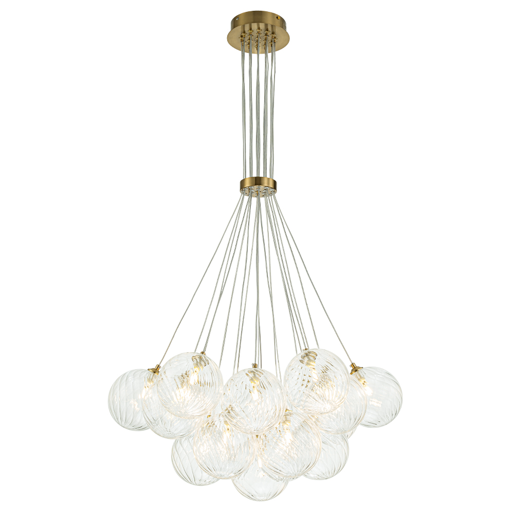 Modern Mid-Century Brass Cluster Ribbed Glass Globe Chandelier Light for Dining Room/ Living Room/ Bedroom