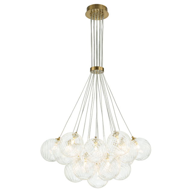 Modern Mid-Century Brass Cluster Ribbed Glass Globe Chandelier Light for Dining Room/ Living Room/ Bedroom