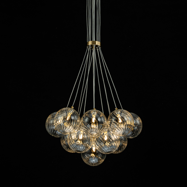 Modern Mid-Century Brass Cluster Ribbed Glass Globe Chandelier Light for Dining Room/ Living Room/ Bedroom