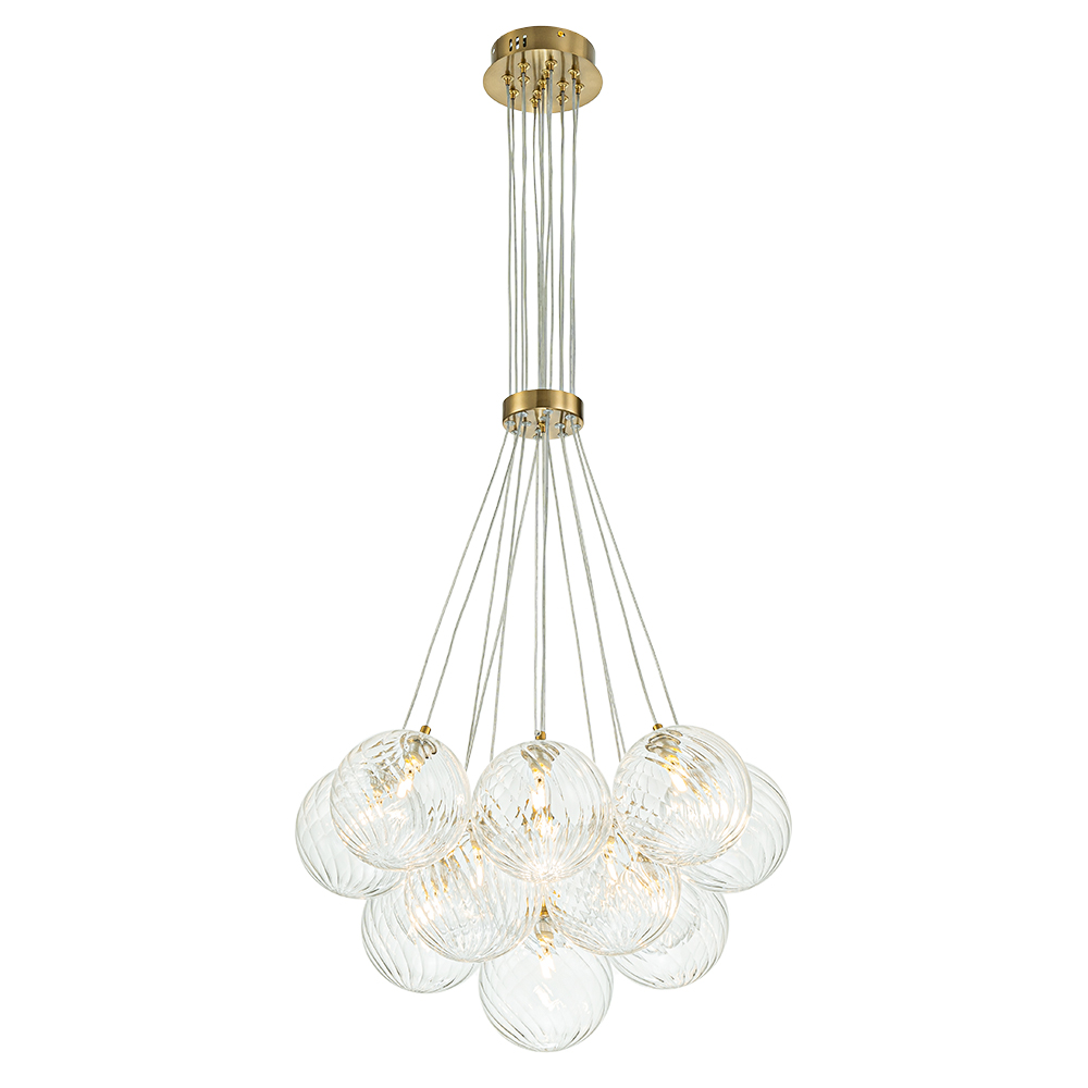 Modern Mid-Century Brass Cluster Ribbed Glass Globe Chandelier Light for Dining Room/ Living Room/ Bedroom