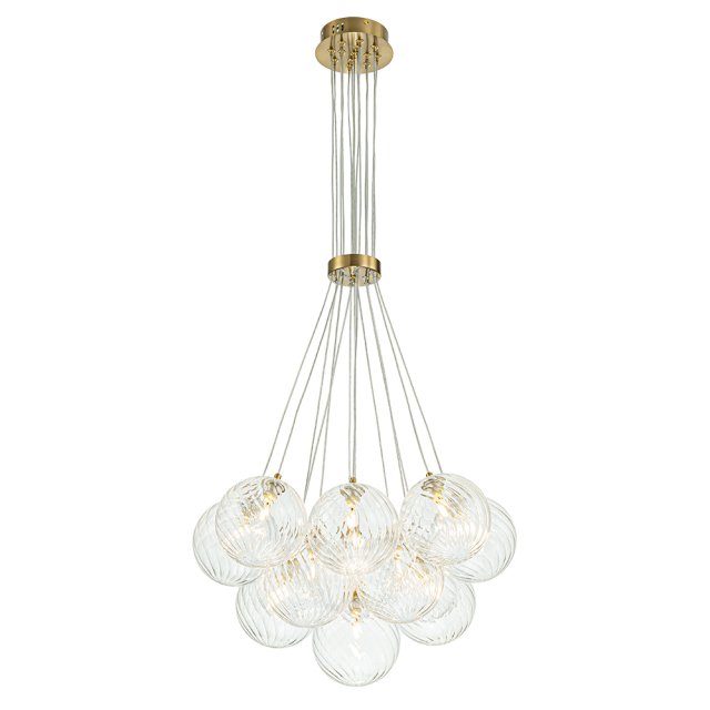 Modern Mid-Century Brass Cluster Ribbed Glass Globe Chandelier Light for Dining Room/ Living Room/ Bedroom