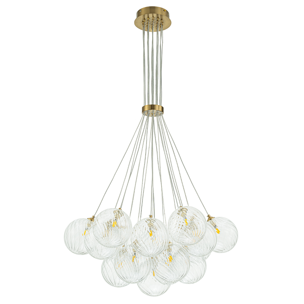 Modern Mid-Century Brass Cluster Ribbed Glass Globe Chandelier Light for Dining Room/ Living Room/ Bedroom