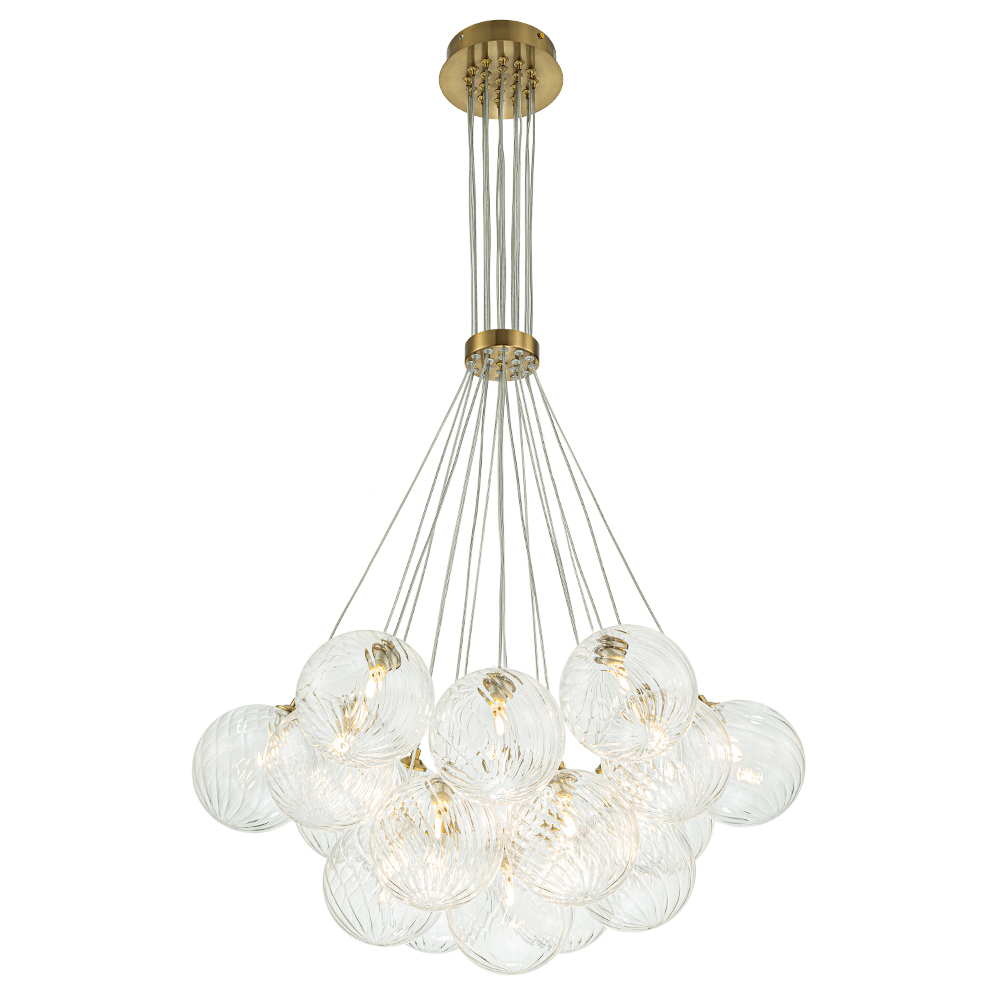 Modern Mid-Century Brass Cluster Ribbed Glass Globe Chandelier Light for Dining Room/ Living Room/ Bedroom