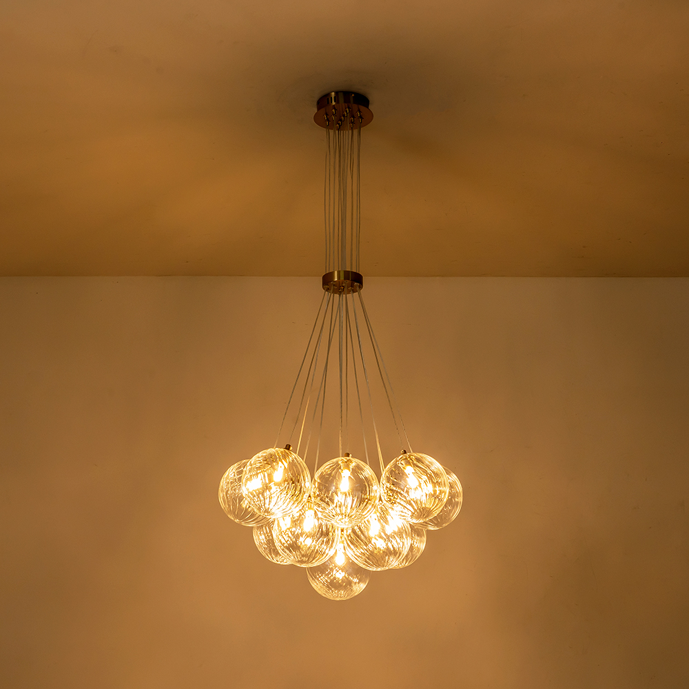 Modern Mid-Century Brass Cluster Ribbed Glass Globe Chandelier Light for Dining Room/ Living Room/ Bedroom