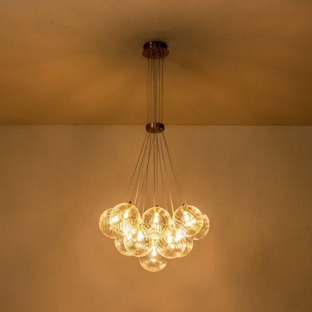 Modern Mid-Century Brass Cluster Ribbed Glass Globe Chandelier Light for Dining Room/ Living Room/ Bedroom