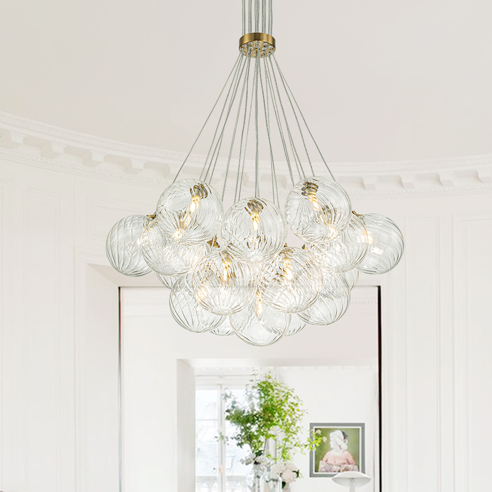 Modern Mid-Century Brass Cluster Ribbed Glass Globe Chandelier Light for Dining Room/ Living Room/ Bedroom