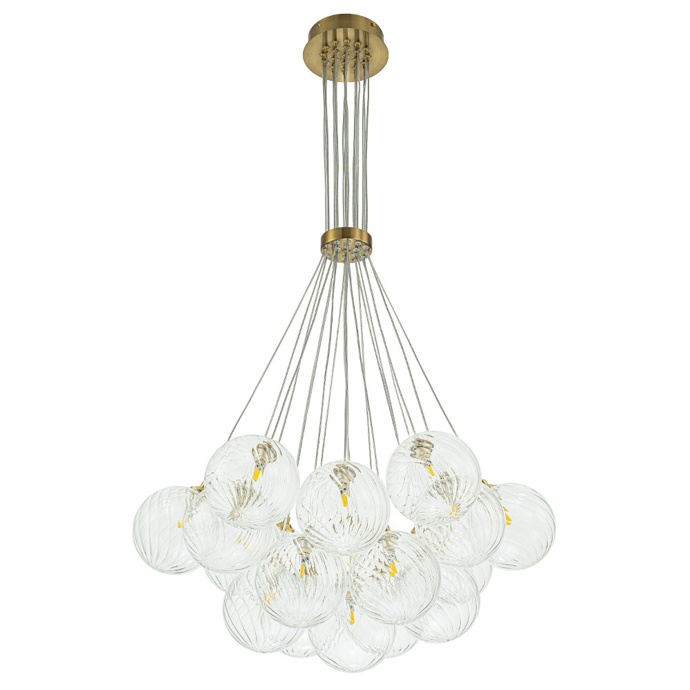 Modern Mid-Century Brass Cluster Ribbed Glass Globe Chandelier Light for Dining Room/ Living Room/ Bedroom