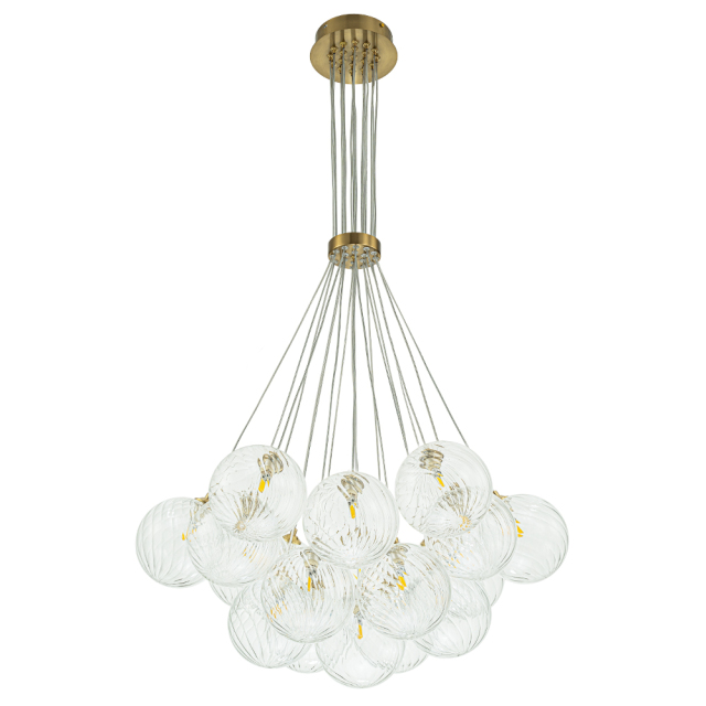 Modern Mid-Century Brass Cluster Ribbed Glass Globe Chandelier Light for Dining Room/ Living Room/ Bedroom