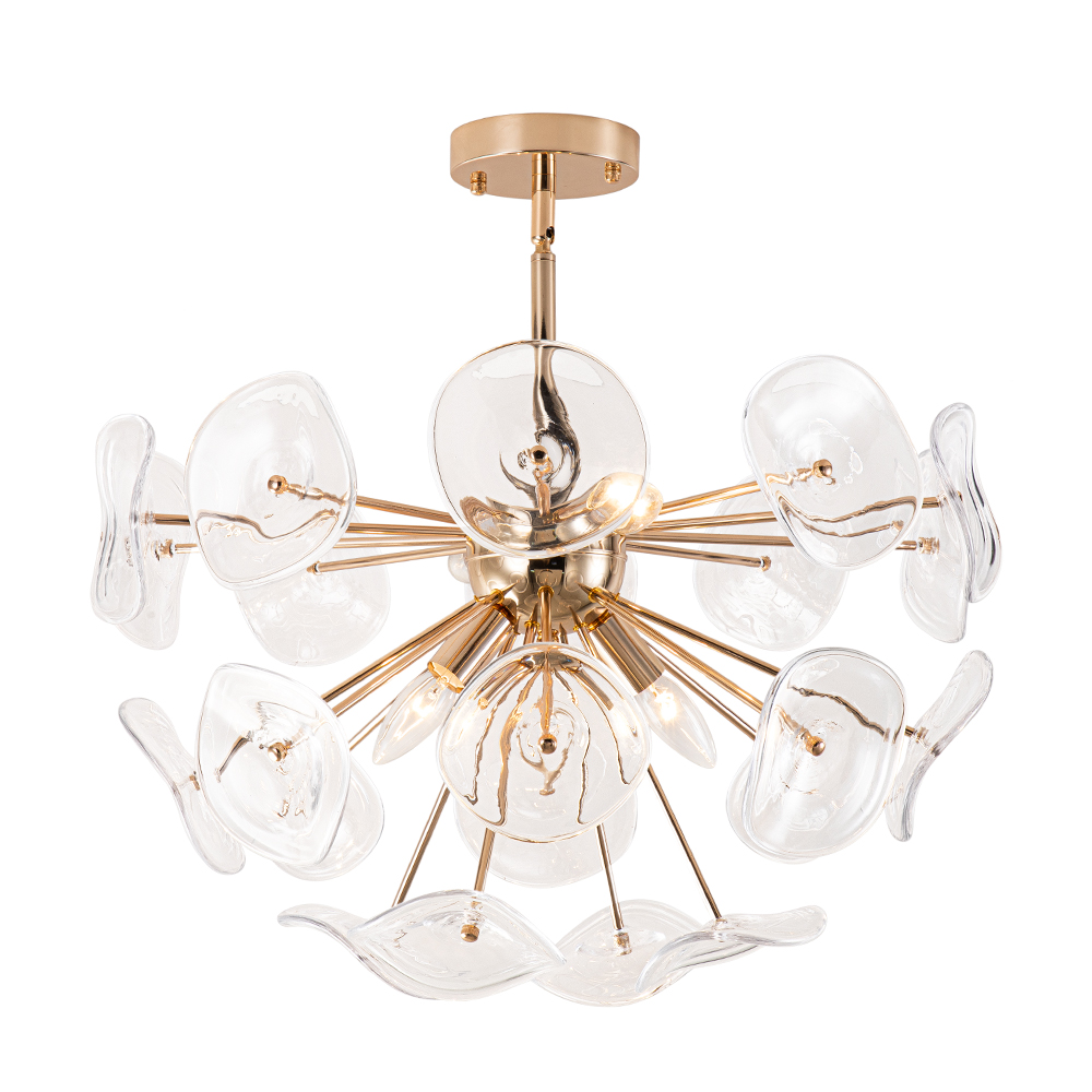 4-Light Mid-Century Modern Glass Sunburst Sputnik Semi Flush Chandelier for Living Room Dining Room Bedroom