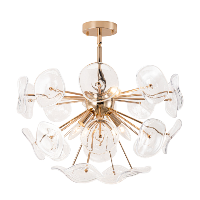 4-Light Mid-Century Modern Glass Sunburst Sputnik Semi Flush Chandelier for Living Room Dining Room Bedroom