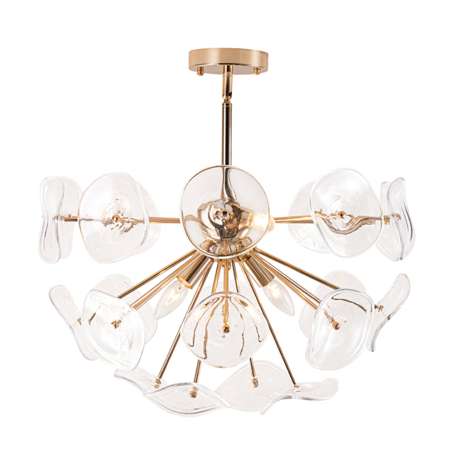 4-Light Mid-Century Modern Glass Sunburst Sputnik Semi Flush Chandelier for Living Room Dining Room Bedroom